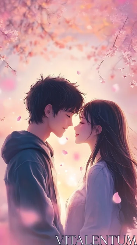 Two souls converge beneath cherry blossoms in soft light.
