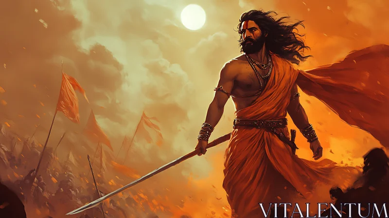 Sunlit warrior strides through embers on a stormy battlefield