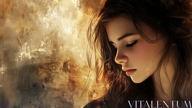 Pensive young woman in warm golden textured light portrait.