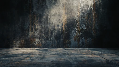 Rust-streaked concrete wall with empty grunge floor backdrop.