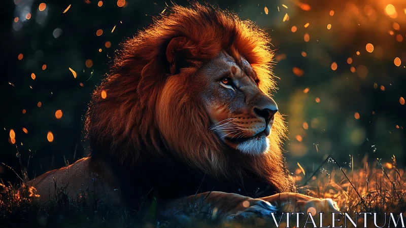 Majestic lion resting in glowing sunset embers field.
