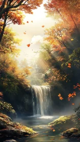 Waterfall flows through autumn forest under diffused sunlight