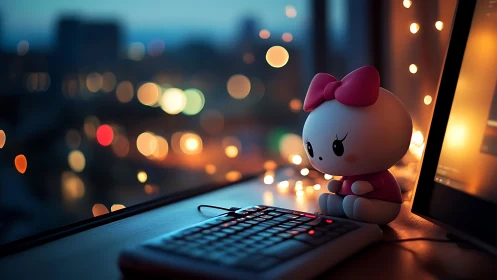 Cute desk toy lit by bokeh city lights at night.