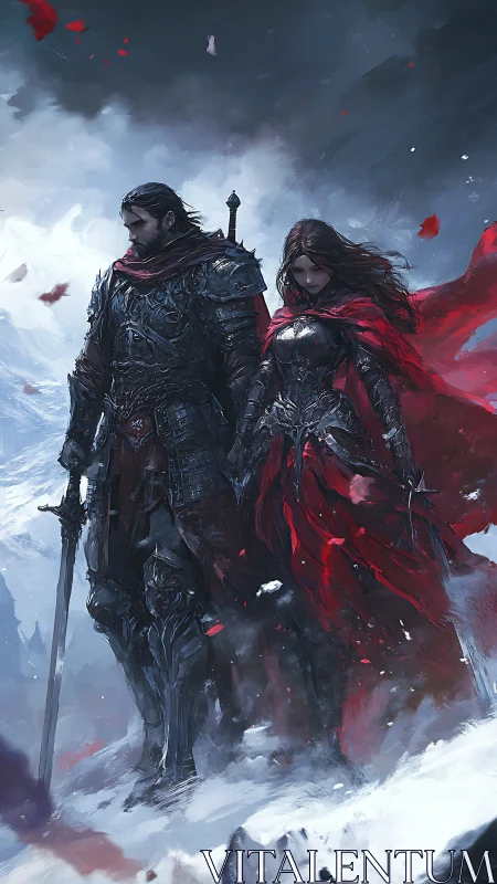Armored warriors stride through stormy red and white blizzard
