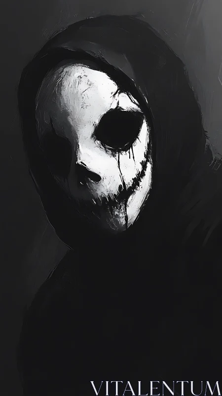 Hooded skull mask in stark monochrome horror portrait.