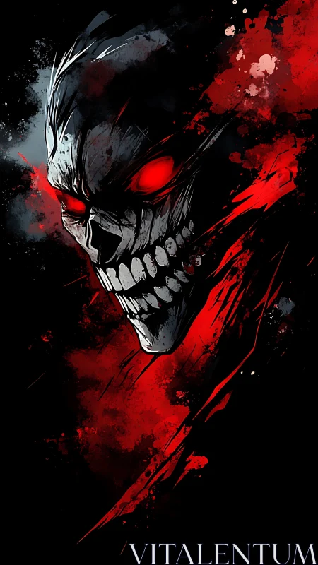 Skull-like figure with red glowing eyes on dark backdrop.