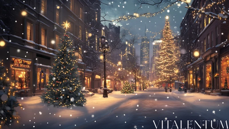 Cozy winter city street glowing with magical holiday lights.