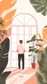 Man stands before tall arched window in sunlit indoor garden