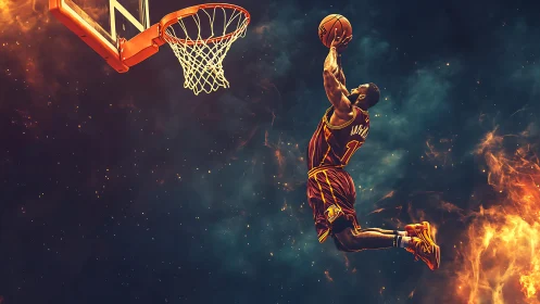 High-fidelity digital painting of explosive basketball slam dunk motion