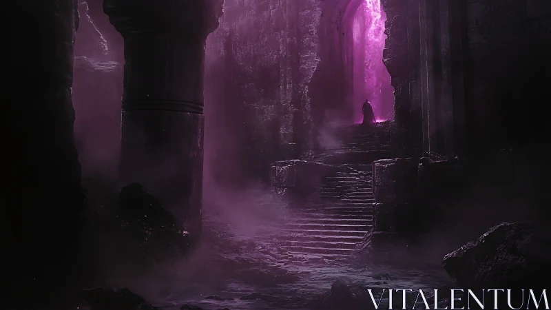 Cloaked wanderer ascending a violet voidlit ruin portal.