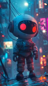 Miniature urban robot explorer in neon blue cyberpunk rain