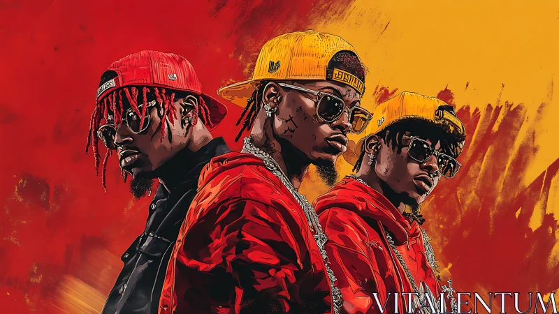 Bold hip hop trio stands strong against a blazing backdrop