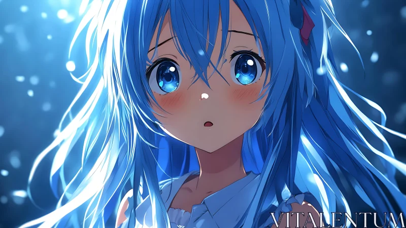 Starlit blue haired anime girl caught in quiet wonder.