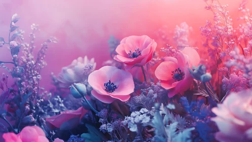 Pink anemone flowers with chromatic aberration in digitally rendered fantasy garden environment