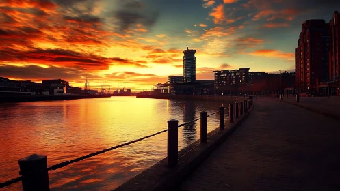 Harborfront promenade under vivid sunset sky reflections.