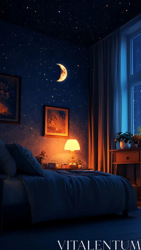 Moonlit bedroom under starry ceiling with warm lamplight.