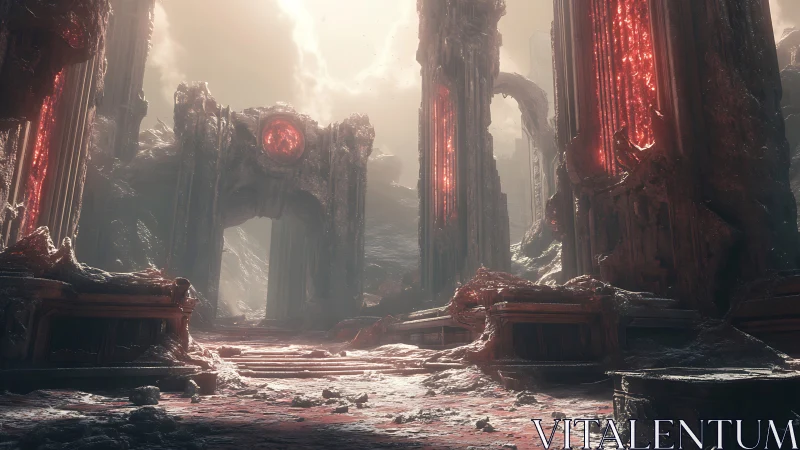 Ruined stone hall with glowing red molten pillars stands silent