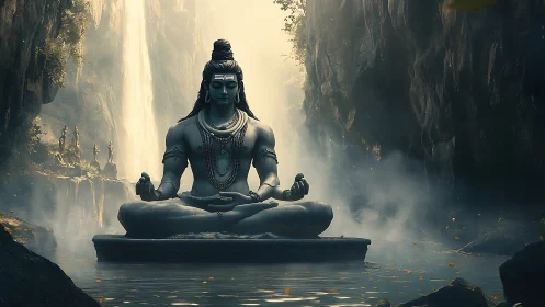 Large meditative deity statue in misty canyon landscape.