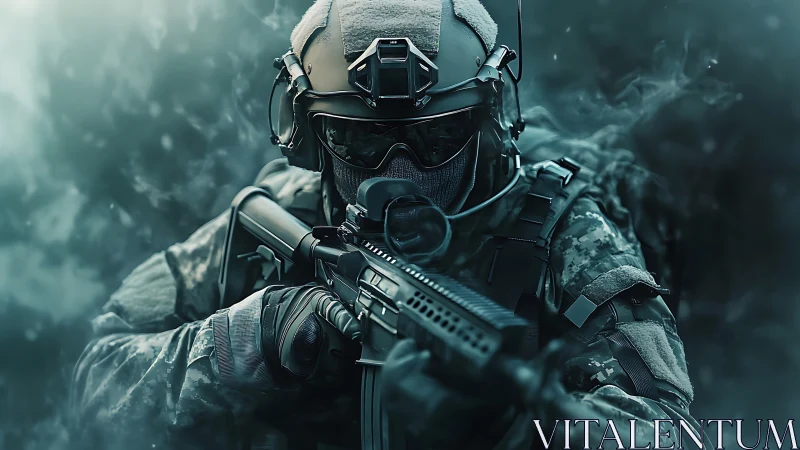 Photorealistic tactical soldier portrait in fog-dense combat field.