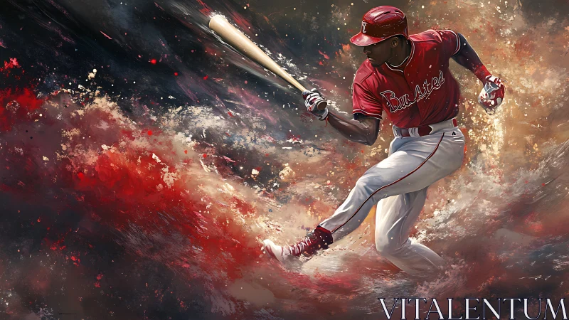 Baseball player batting amid dynamic abstract color field.