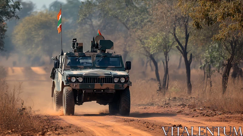 Armored patrol truck thunders through dusty forest track.