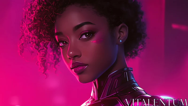 Neon sentry girl glows in electric magenta city haze.