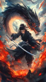 Stormlit samurai and fire dragon circling through the sky.