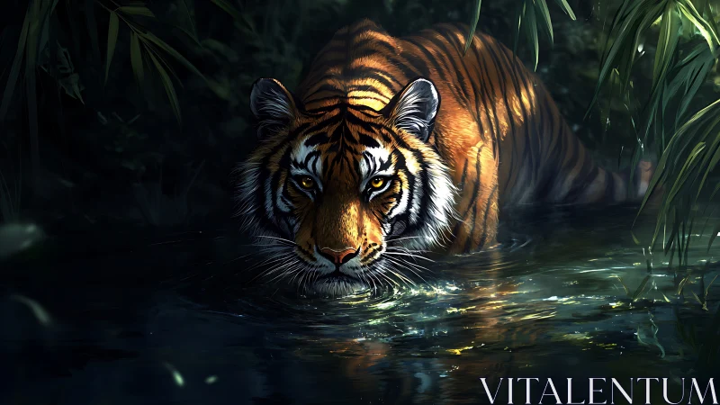 Predatory tiger advances through reflective jungle shallows at dusk