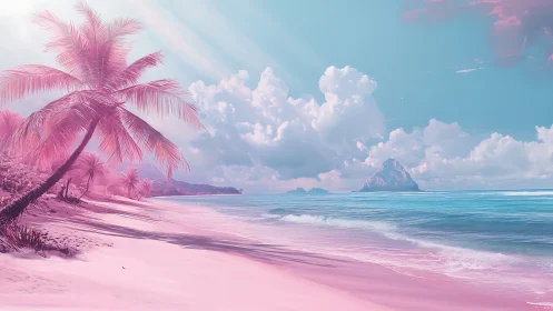 Surreal Tropical Lagoon with Pink Sand Beach and Magenta Palms