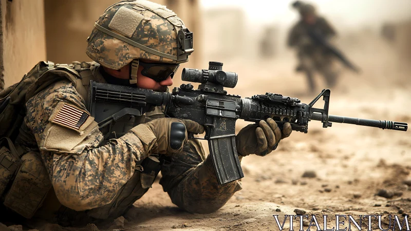 Soldier in desert combat gear aiming rifle on dusty ground.