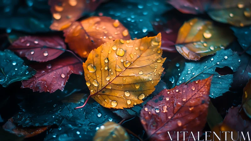 Autumn leaves with rain droplets in saturated closeup.
