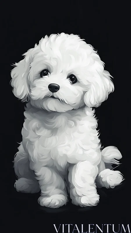 Fluffy white puppy sits against deep black background