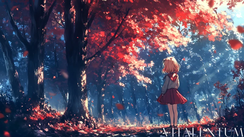 Autumn forest scene frames solitary schoolgirl in backlight