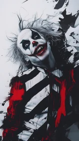 Wild-haired clown leans into chaotic red and black energy