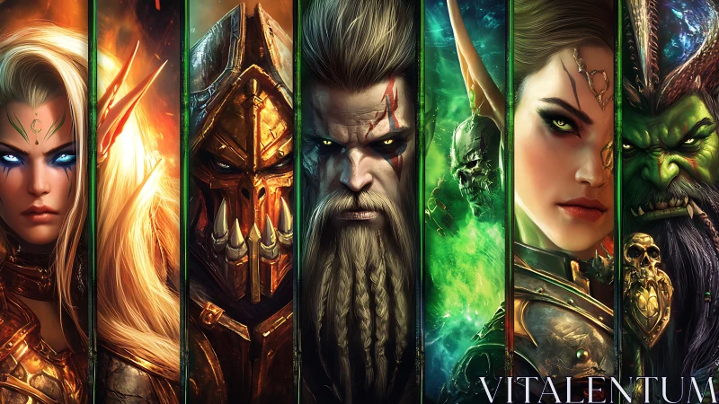 Fantasy hero and villain portraits in split cinematic panels.