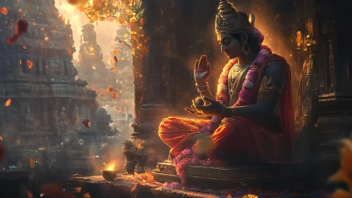 Serene Hindu deity statue in sunset-lit temple courtyard.
