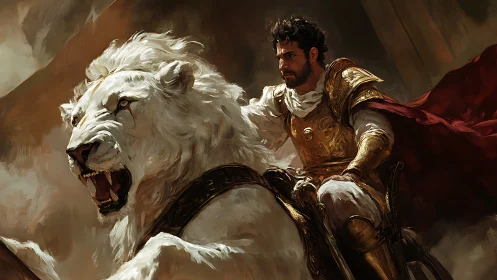 Armored warrior riding roaring white lion in battle scene.
