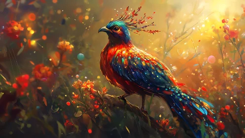 Vibrant fantasy bird perched on branch in glowing digital art.