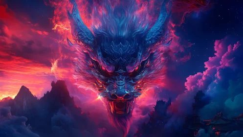 Fiery celestial dragon head erupts over twilight mountains