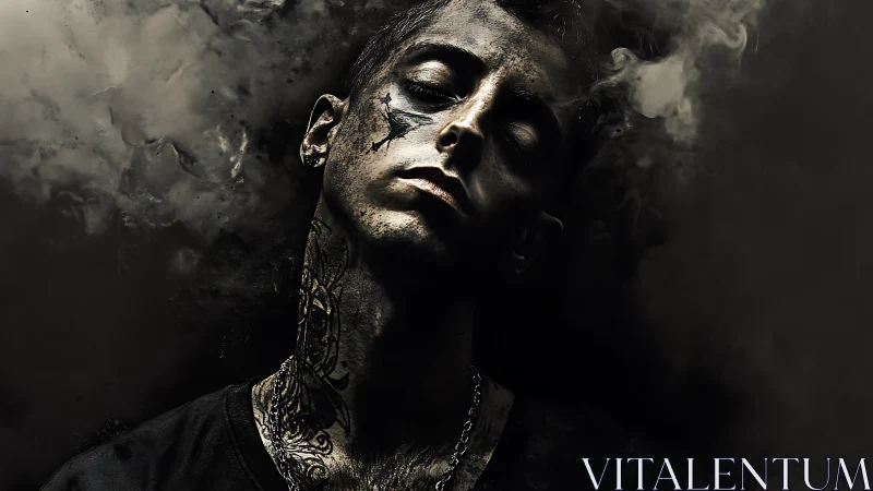 Low-key portrait isolates tattooed subject in dense atmospheric smoke