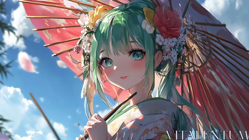 Green haired anime girl in kimono with pink parasol outdoors.