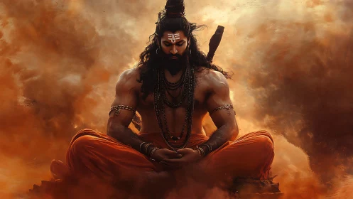 Meditating warrior sage in blazing saffron storm glow.