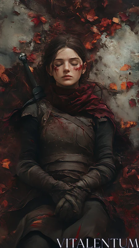 Fallen warrior maiden resting amid crimson autumn leaves.