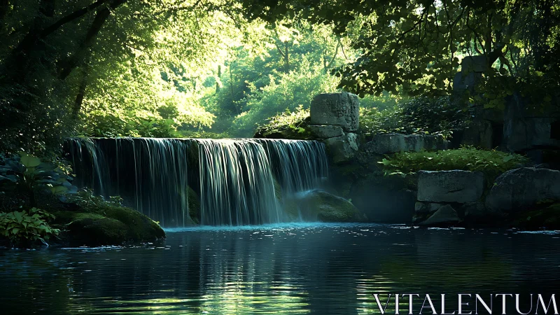 Sunlit forest cascade over stone ledge into reflective pool