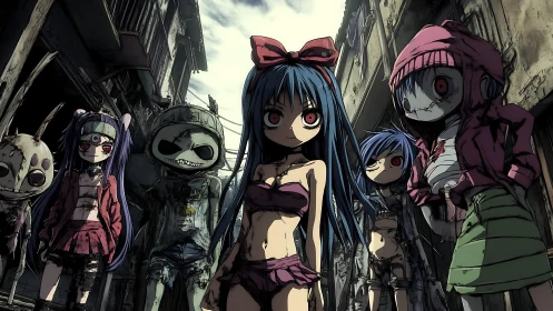 Gothic anime girls confront viewer in decayed urban alleyway