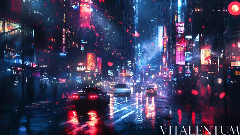 Neon rainstorm drapes a cyberpunk avenue in electric glow.