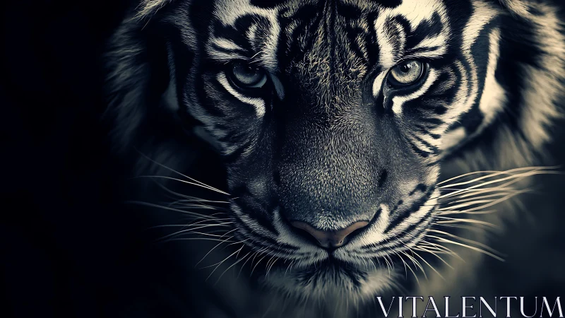 Low key close-up portrait of tiger face with dramatic contrast