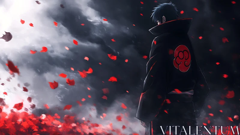 Dark cloaked figure amid storm sky and rising red petals.