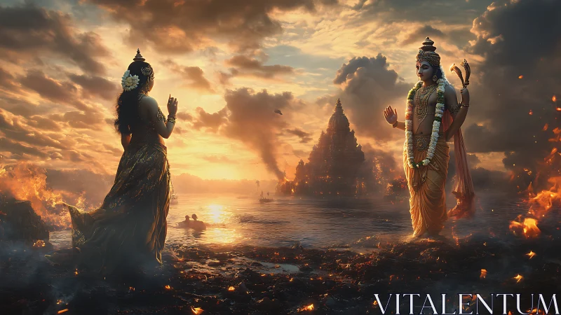 Deities facing across burning shoreline and distant temple.