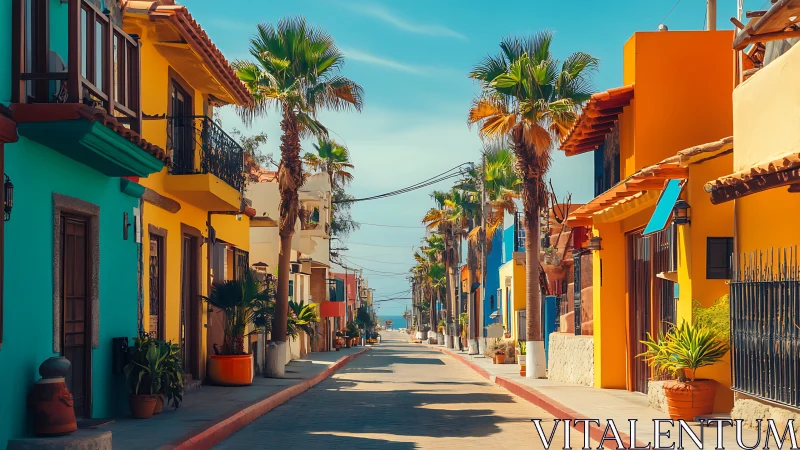 Chromatic coastal streetscape with palm-lined vanishing axis.